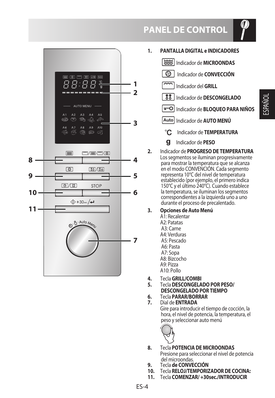 Panel de control, Esp añol | Sharp R-822STWE User Manual | Page 33 / 266