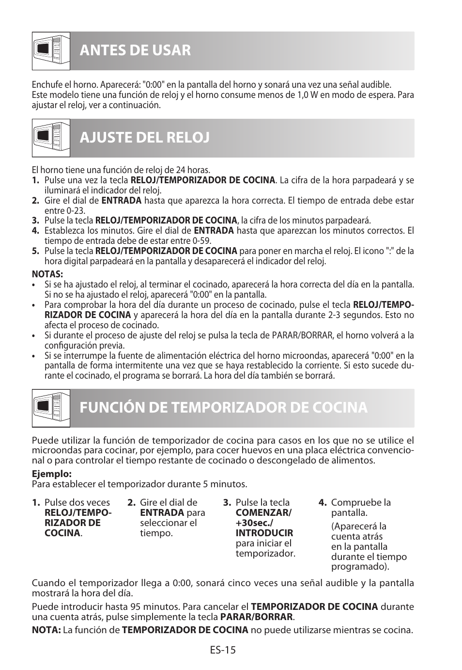 Antes de usar ajuste del reloj, Función de temporizador de cocina | Sharp R-822STWE User Manual | Page 44 / 266