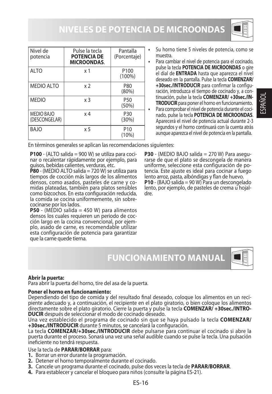 Niveles de potencia de microondas, Funcionamiento manual, Esp añol | Sharp R-822STWE User Manual | Page 45 / 266
