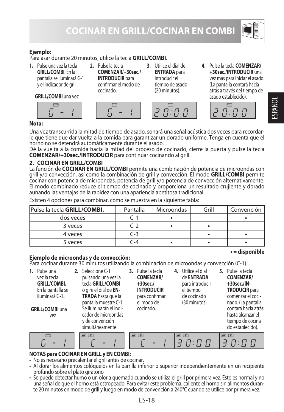 Cocinar en grill/cocinar en combi, Esp añol | Sharp R-822STWE User Manual | Page 47 / 266