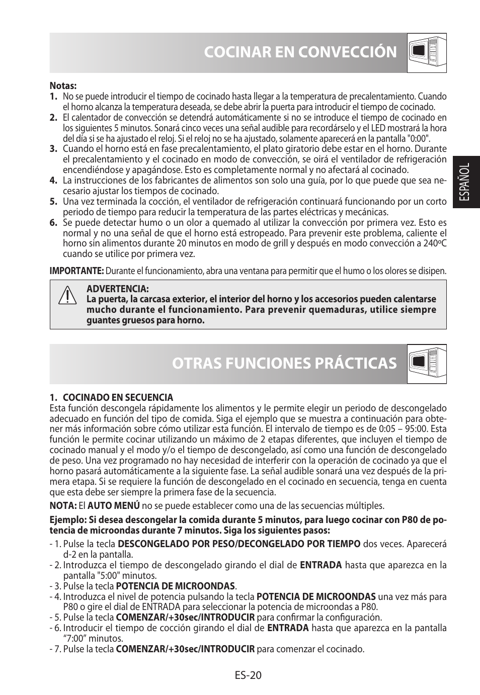 Cocinar en convección, Otras funciones prácticas, Esp añol | Sharp R-822STWE User Manual | Page 49 / 266