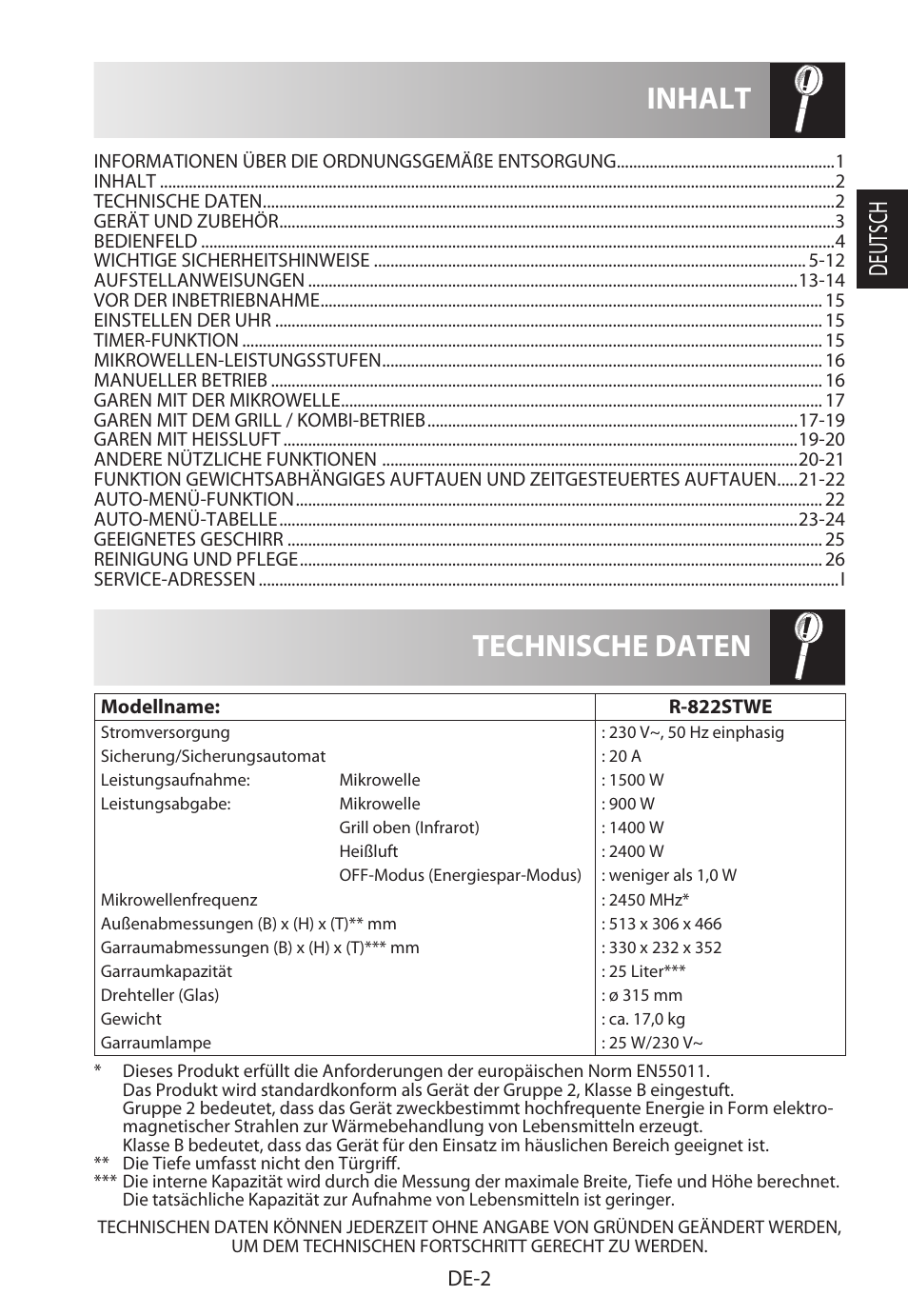 Technische daten inhalt, Deutsch, De-2 | Sharp R-822STWE User Manual | Page 5 / 266