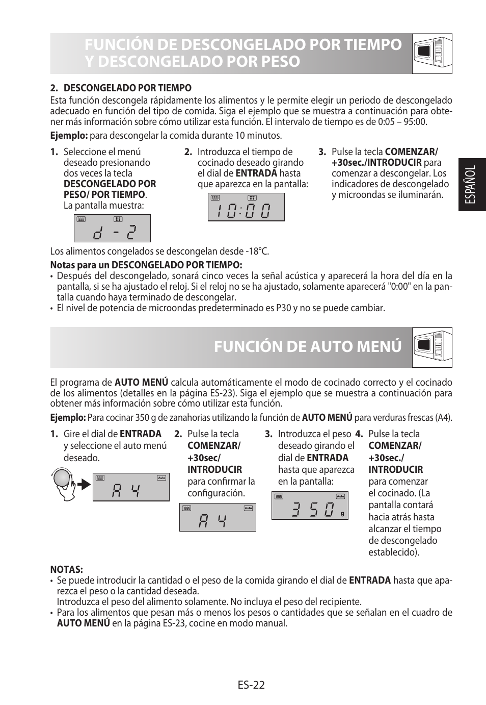 Función de auto menú, Esp añol | Sharp R-822STWE User Manual | Page 51 / 266