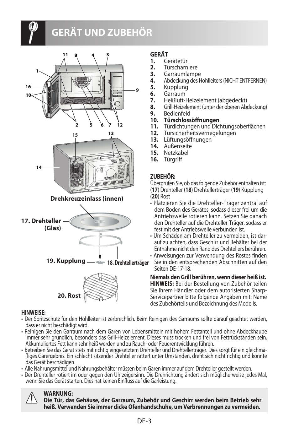 Gerät und zubehör, De-3 | Sharp R-822STWE User Manual | Page 6 / 266