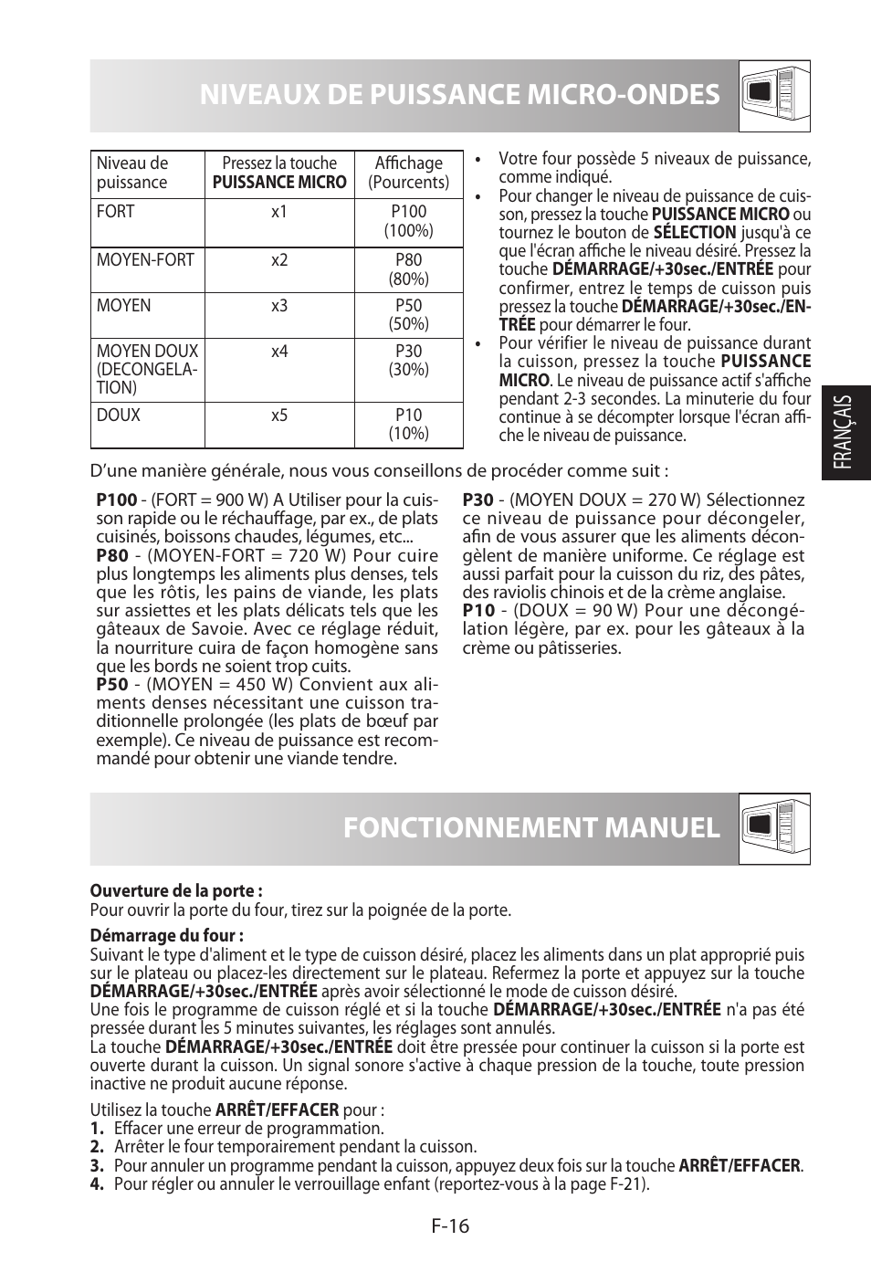 Niveaux de puissance micro-ondes, Fonctionnement manuel, Français | Sharp R-822STWE User Manual | Page 71 / 266