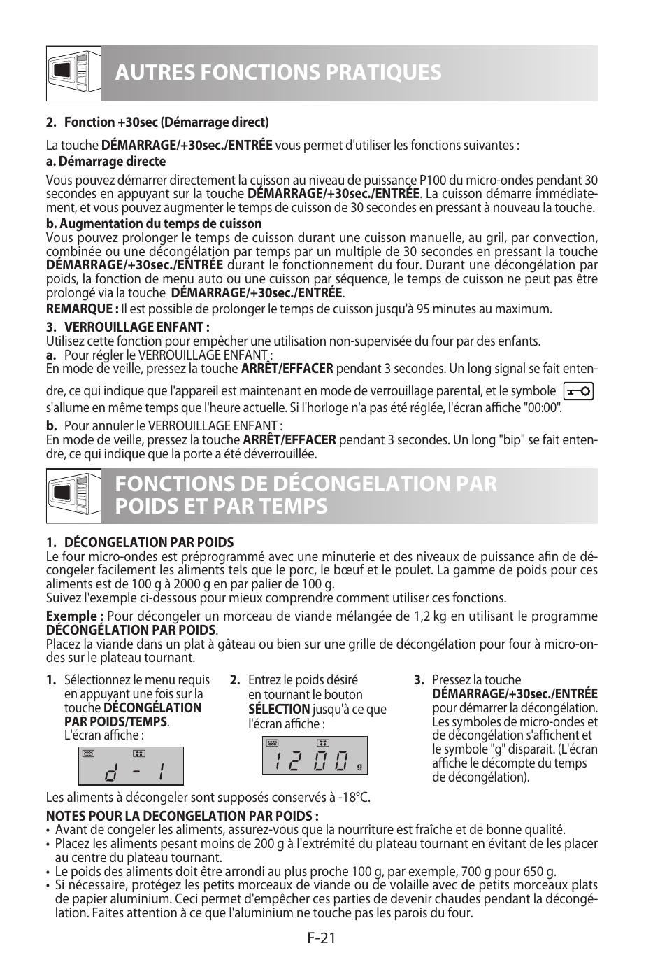 Autres fonctions pratiques, Fonctions de décongelation par poids et par temps | Sharp R-822STWE User Manual | Page 76 / 266