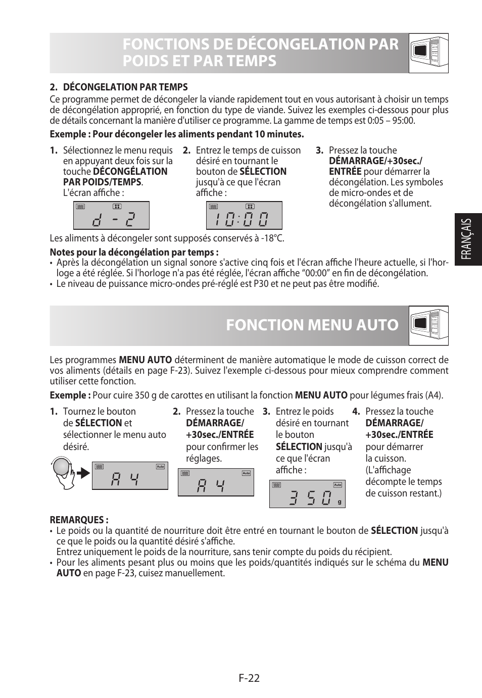 Fonctions de décongelation par poids et par temps, Fonction menu auto, Français | Sharp R-822STWE User Manual | Page 77 / 266