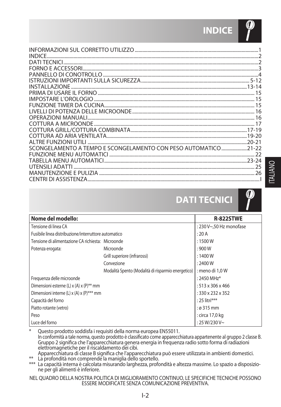 Dati tecnici indice, It aliano | Sharp R-822STWE User Manual | Page 83 / 266