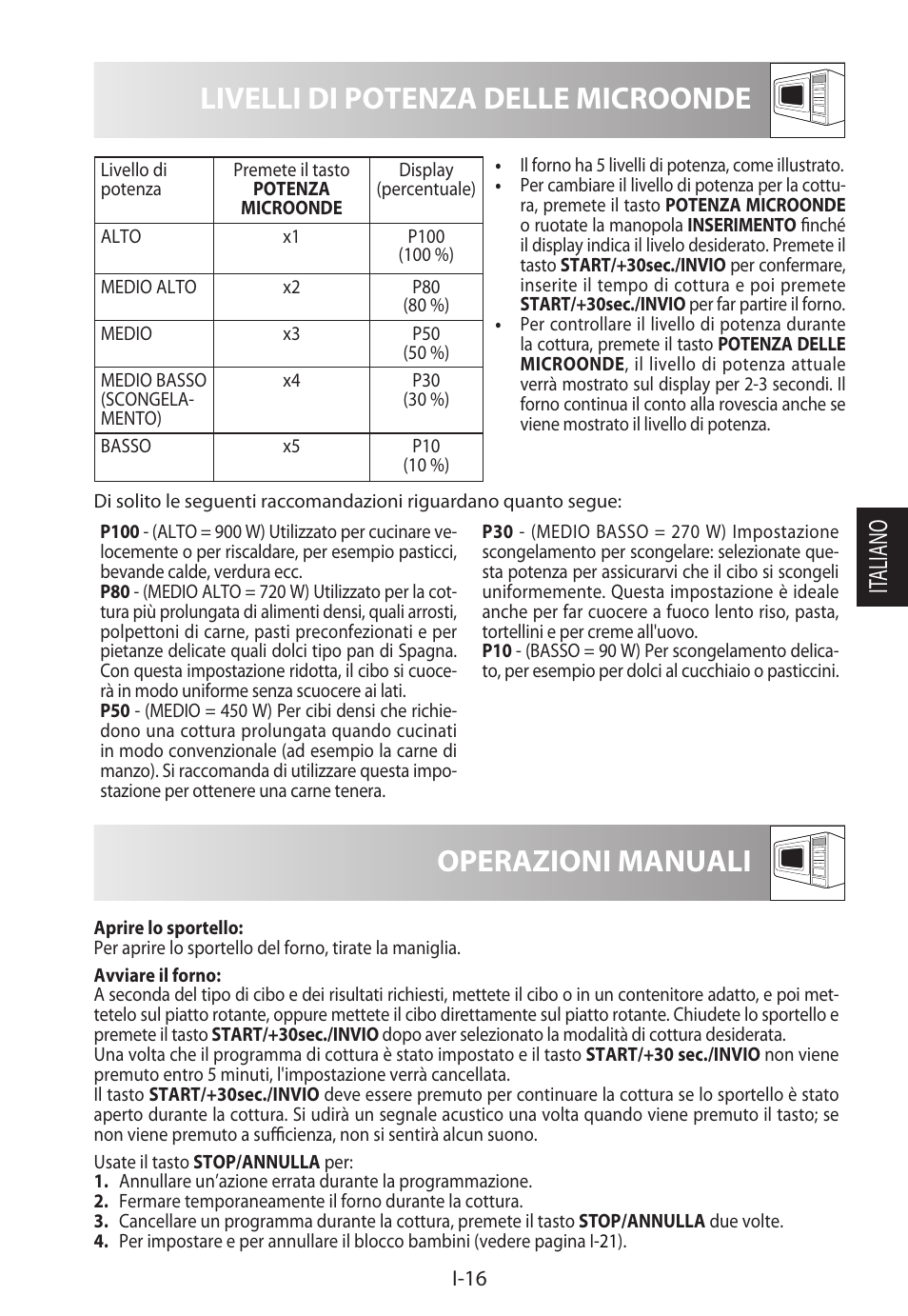 Livelli di potenza delle microonde, Operazioni manuali, It aliano | Sharp R-822STWE User Manual | Page 97 / 266