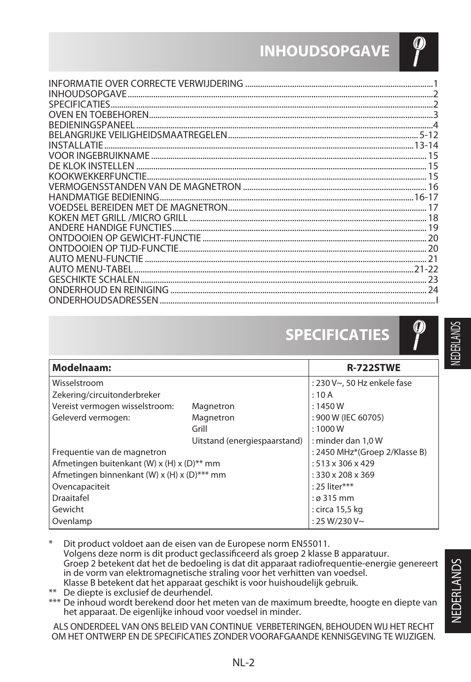 Specificaties inhoudsopgave, Nederlands, Nl-2 | Sharp R-722STWE User Manual | Page 101 / 246