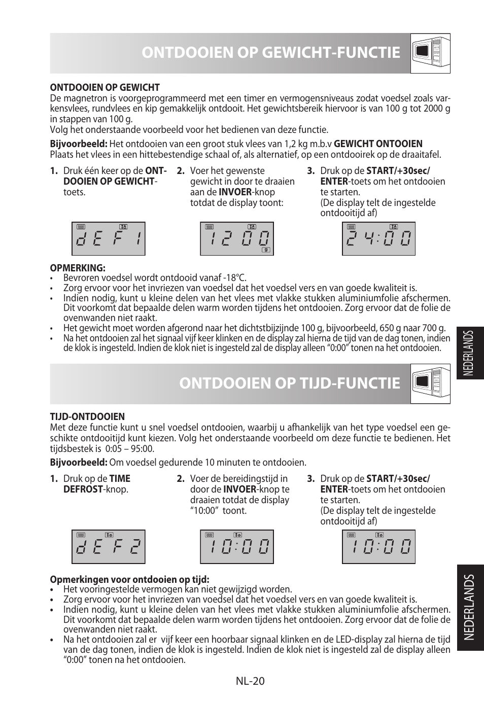 Ontdooien op gewicht-functie, Ontdooien op tijd-functie, Nederlands | Sharp R-722STWE User Manual | Page 119 / 246