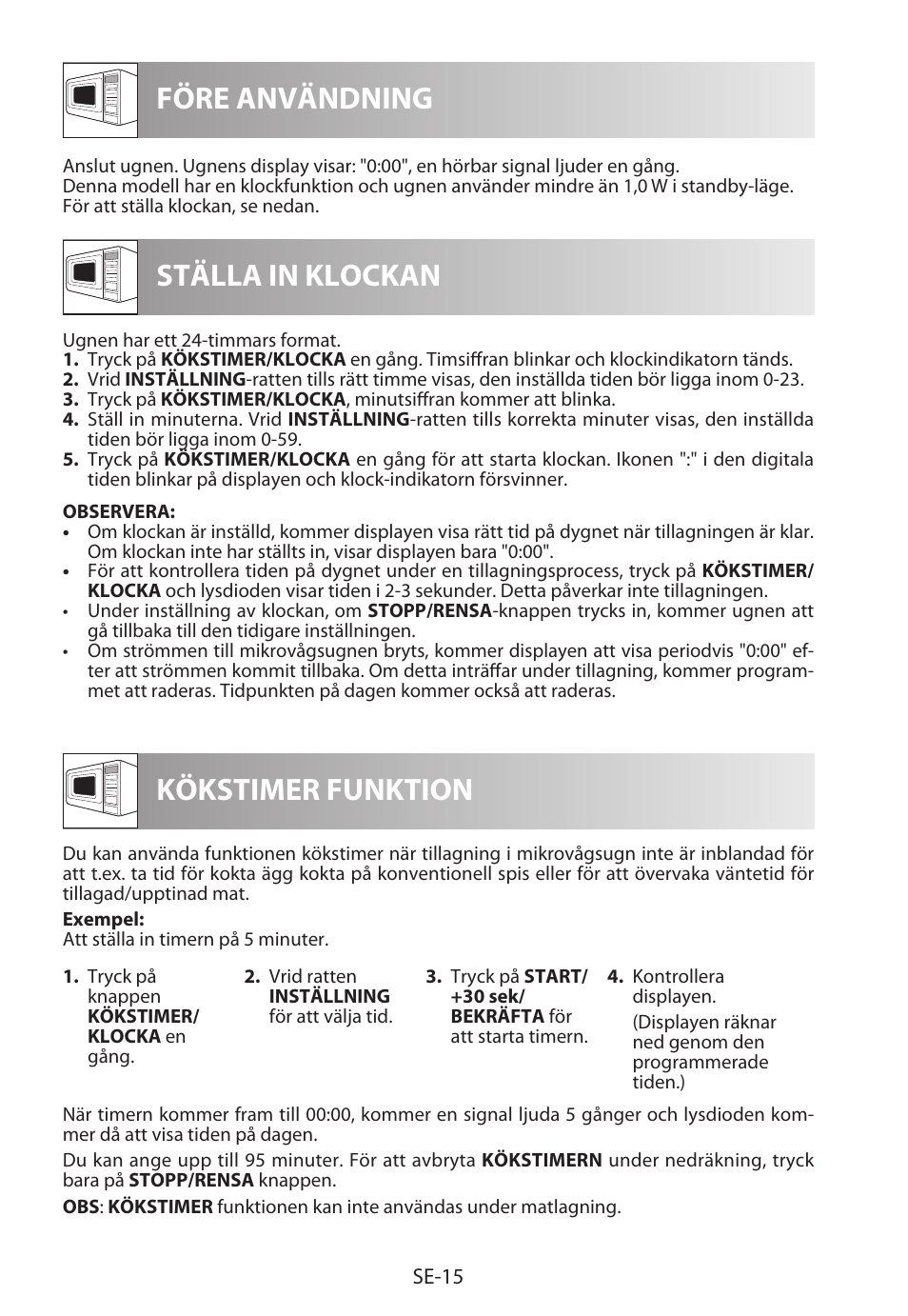 Före användning ställa in klockan, Kökstimer funktion | Sharp R-722STWE User Manual | Page 138 / 246