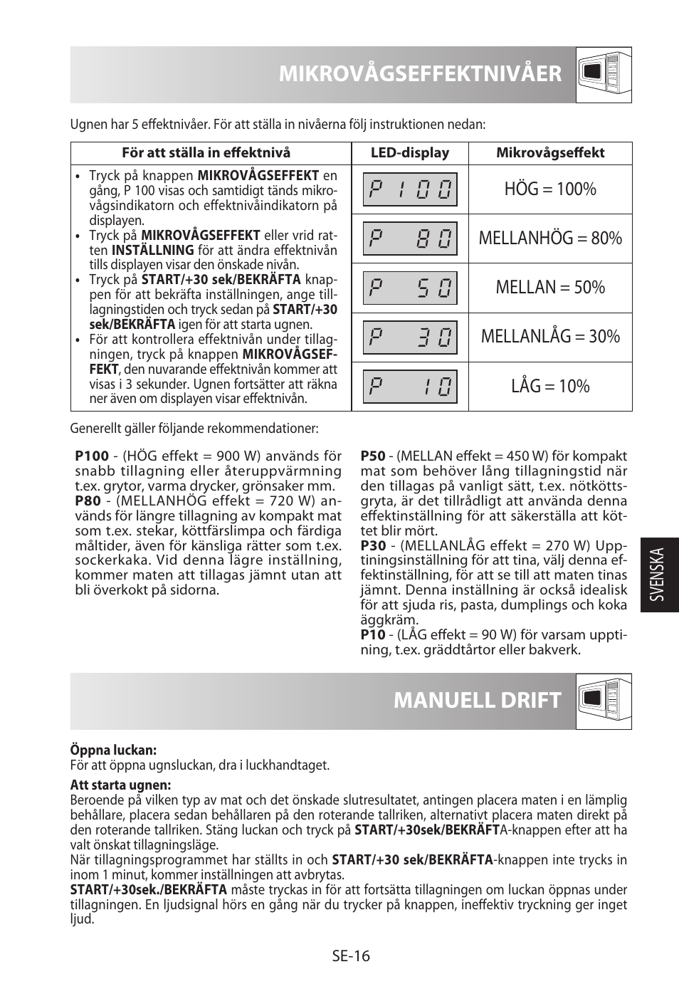 Mikrovågseffektnivåer, Manuell drift, Svensk a | Sharp R-722STWE User Manual | Page 139 / 246
