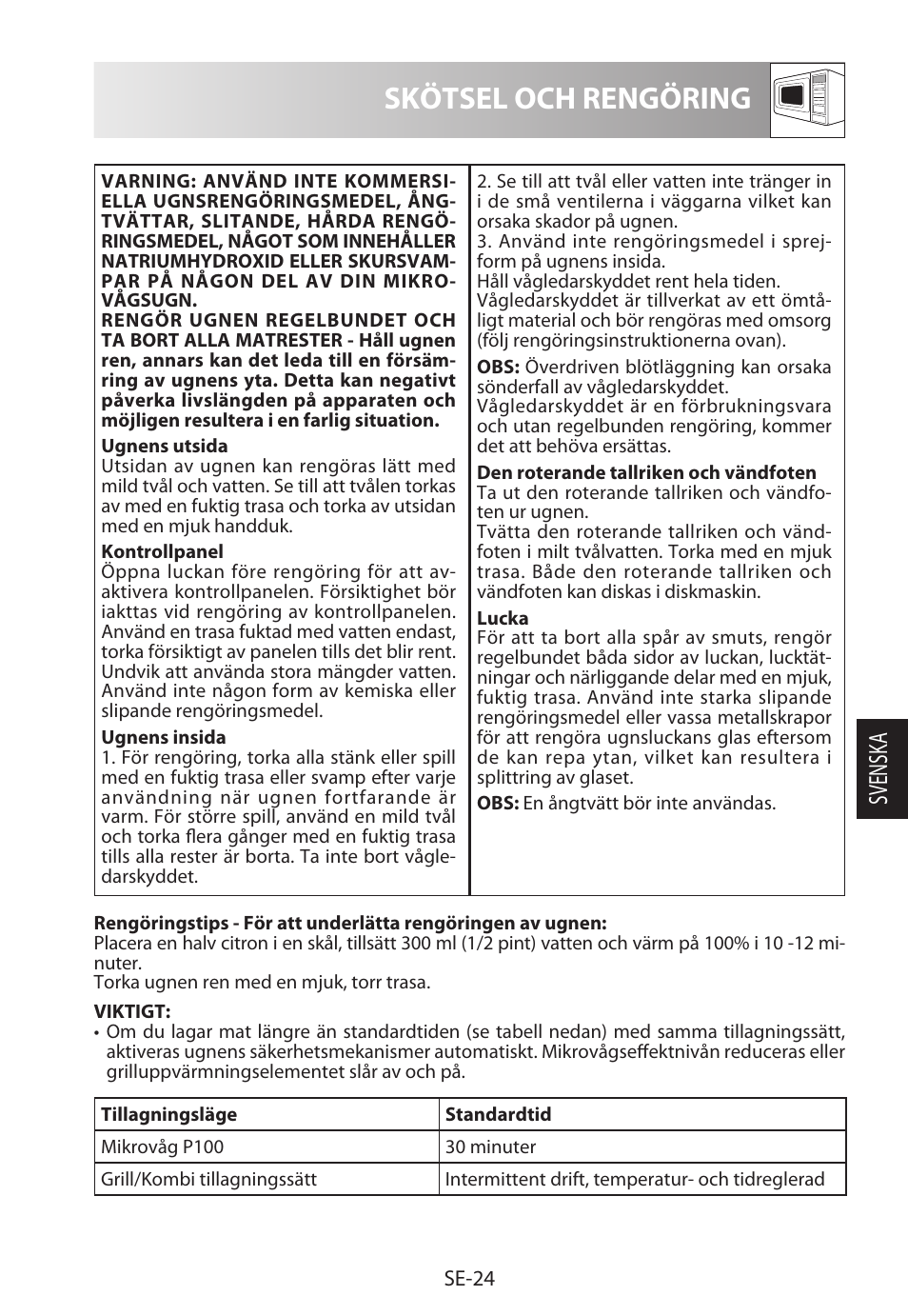 Skötsel och rengöring, Svensk a | Sharp R-722STWE User Manual | Page 147 / 246