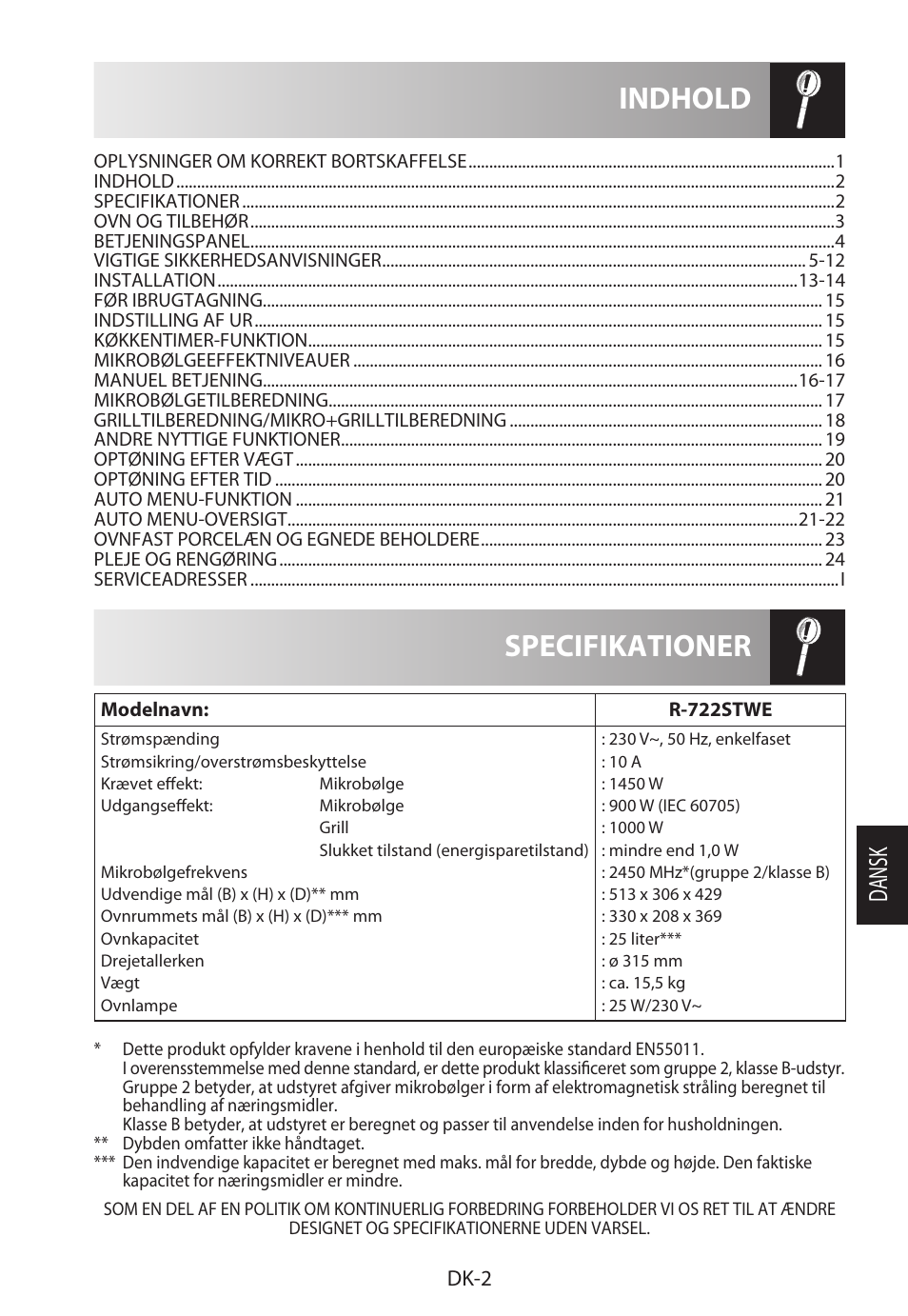 Specifikationer indhold, Da ns k | Sharp R-722STWE User Manual | Page 149 / 246