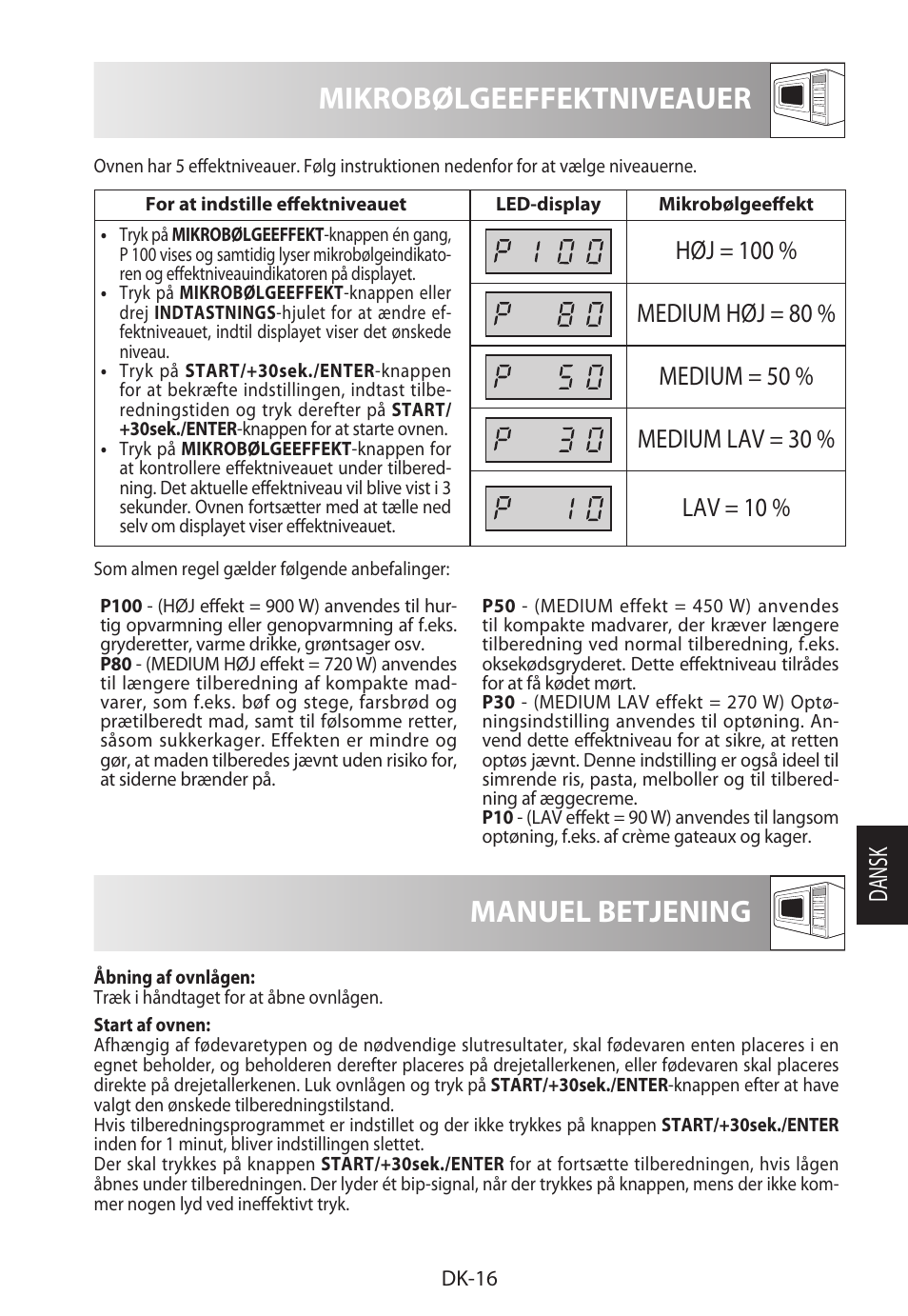 Mikrobølgeeffektniveauer, Manuel betjening, Dansk | Sharp R-722STWE User Manual | Page 163 / 246