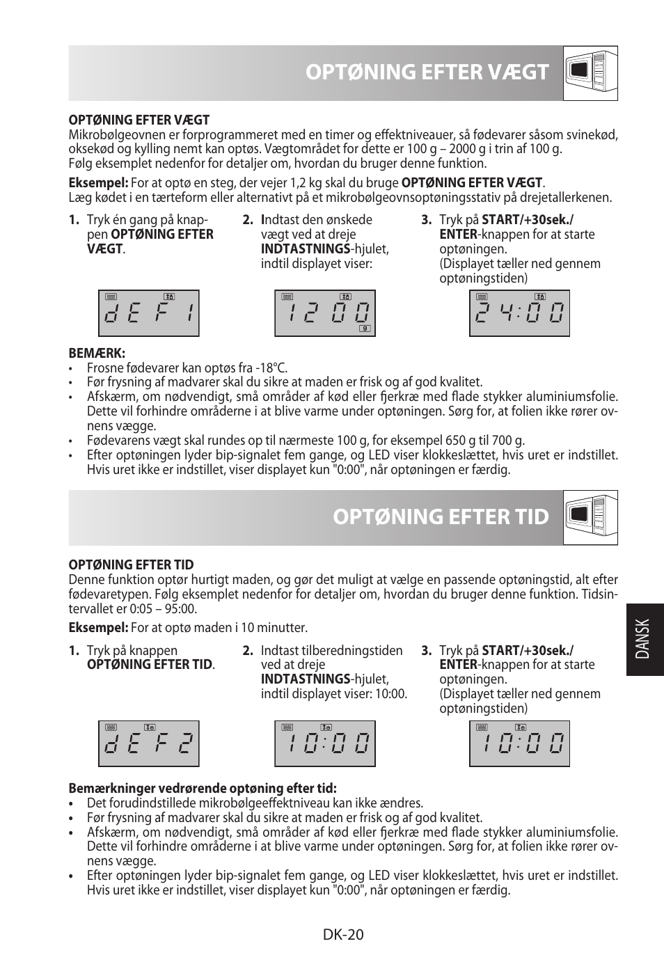 Optøning efter vægt, Optøning efter tid, Da ns k | Sharp R-722STWE User Manual | Page 167 / 246