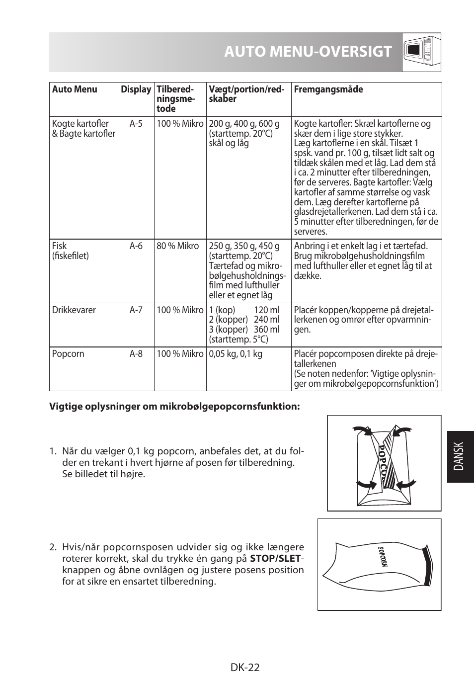 Auto menu-oversigt, Da ns k | Sharp R-722STWE User Manual | Page 169 / 246