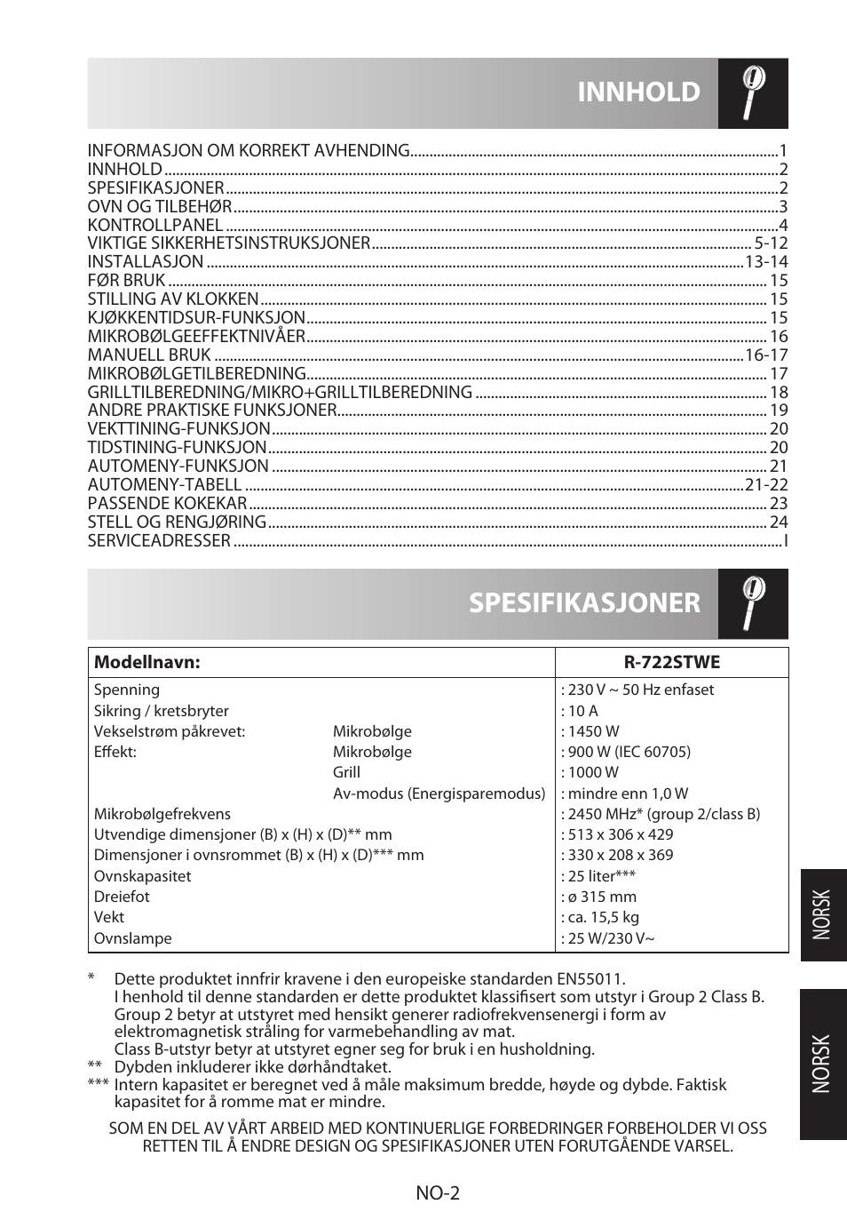 Spesifikasjoner innhold, Norsk, No-2 | Sharp R-722STWE User Manual | Page 173 / 246