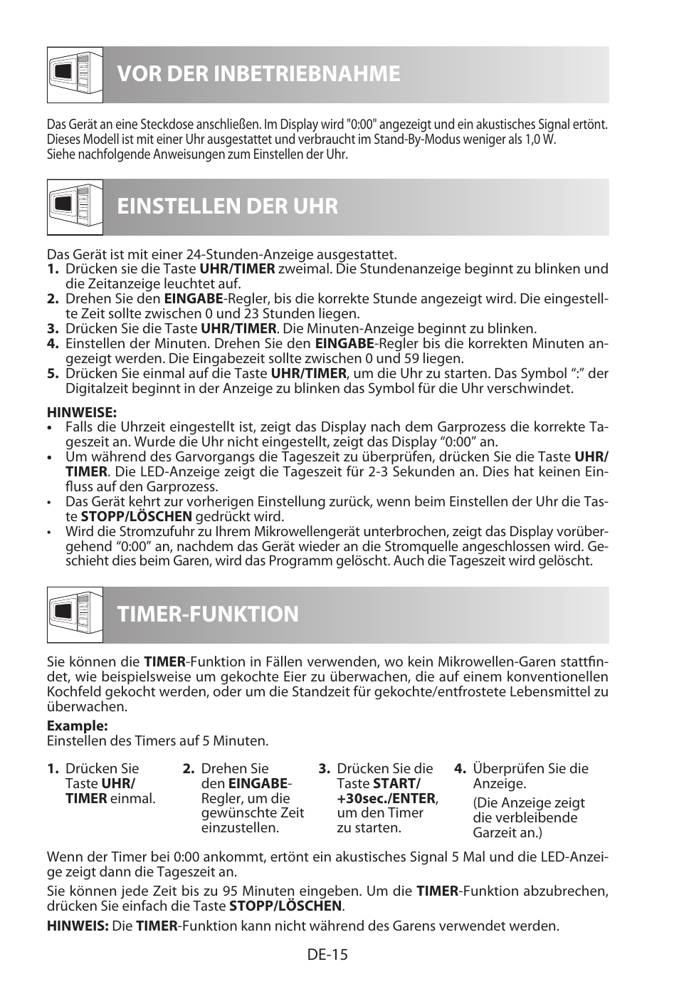 Vor der inbetriebnahme einstellen der uhr, Timer-funktion | Sharp R-722STWE User Manual | Page 18 / 246