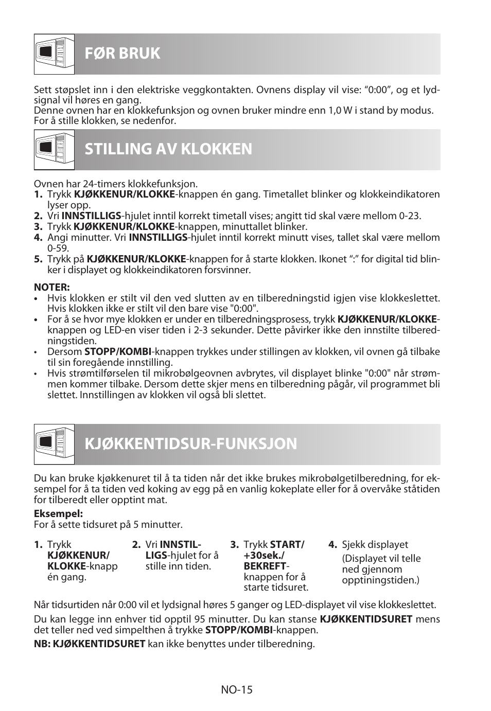 Før bruk stilling av klokken, Kjøkkentidsur-funksjon | Sharp R-722STWE User Manual | Page 186 / 246