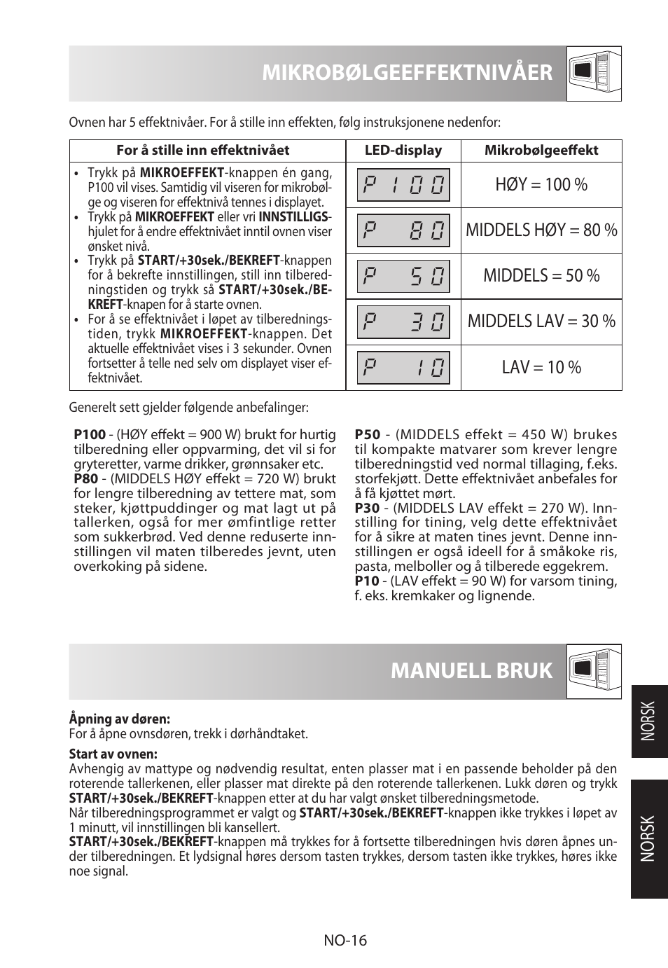 Mikrobølgeeffektnivåer, Manuell bruk, Norsk | Sharp R-722STWE User Manual | Page 187 / 246