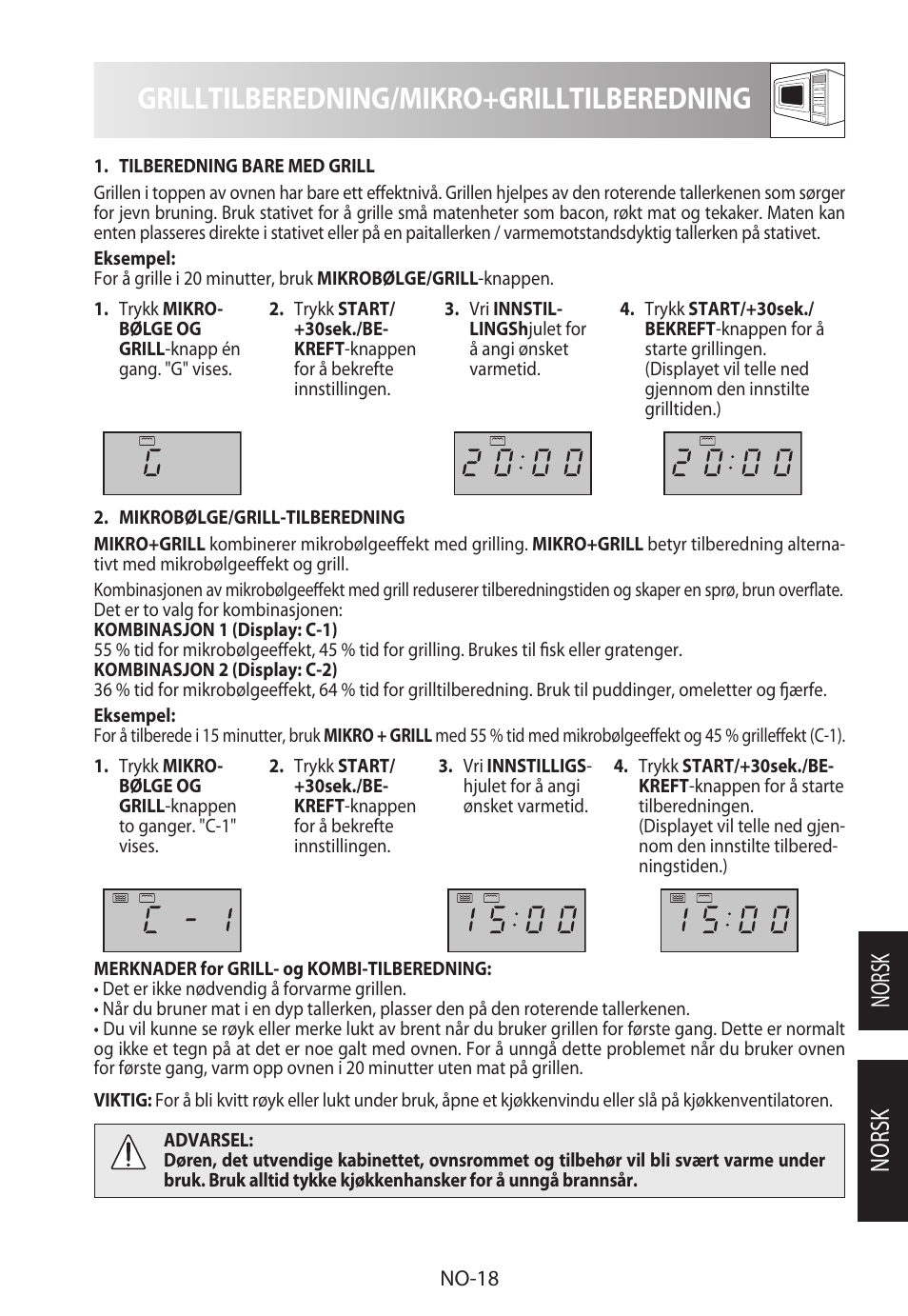 Grilltilberedning/mikro+grilltilberedning, Norsk | Sharp R-722STWE User Manual | Page 189 / 246