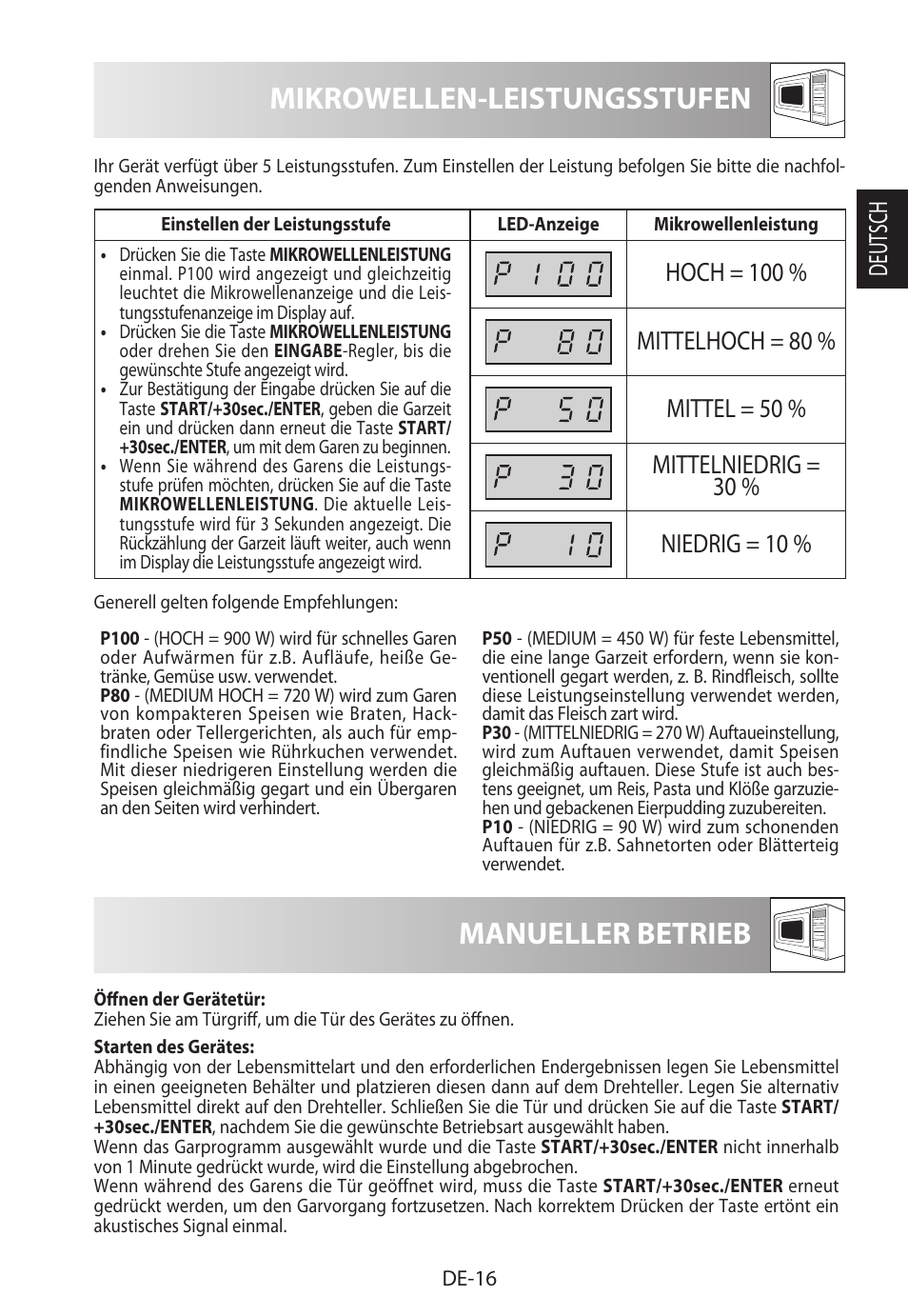 Manueller betrieb mikrowellen-leistungsstufen, Deutsch | Sharp R-722STWE User Manual | Page 19 / 246