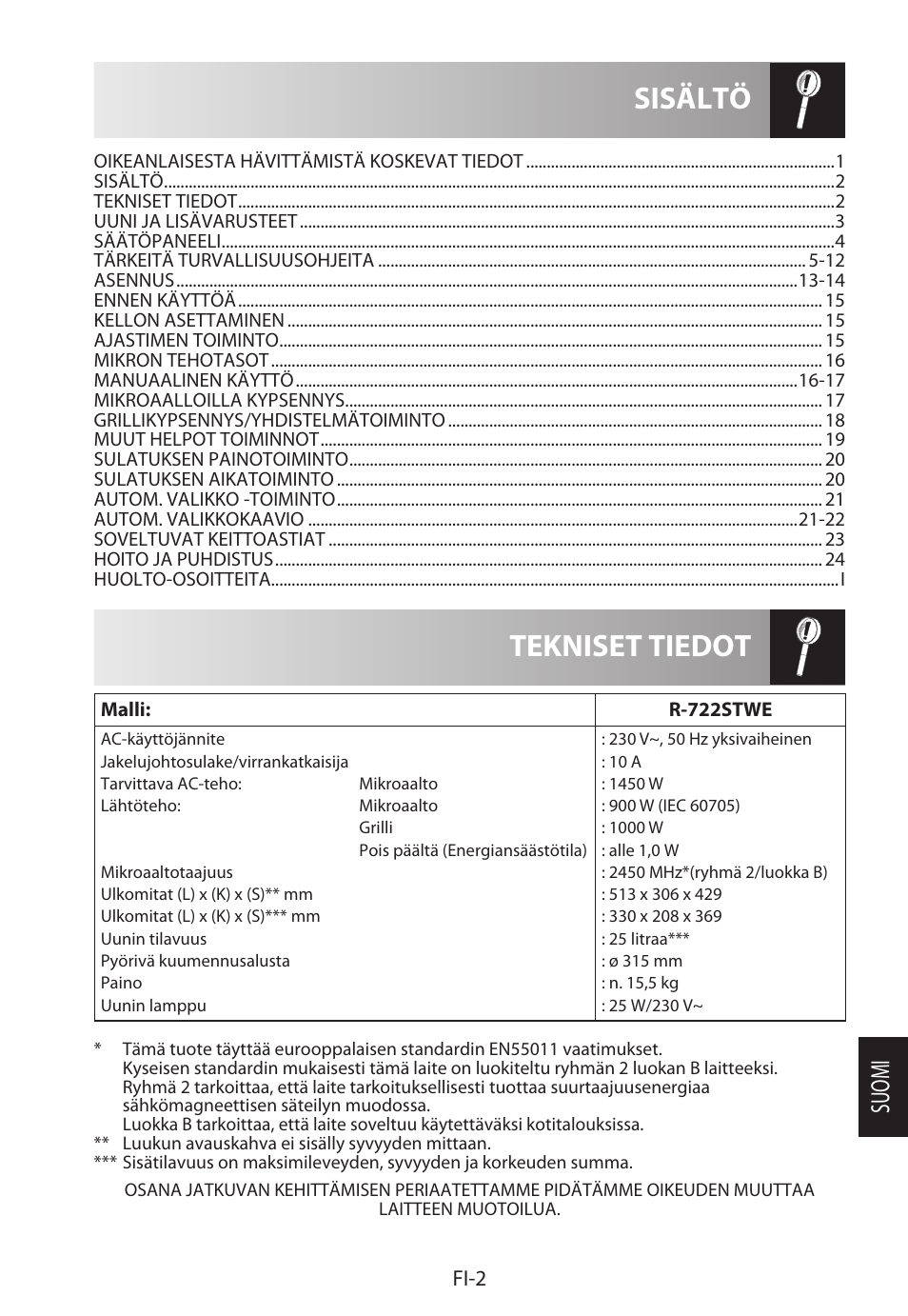 Tekniset tiedot sisältö, Suomi | Sharp R-722STWE User Manual | Page 197 / 246