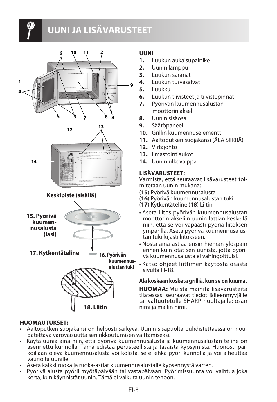 Uuni ja lisävarusteet, Fi-3 | Sharp R-722STWE User Manual | Page 198 / 246