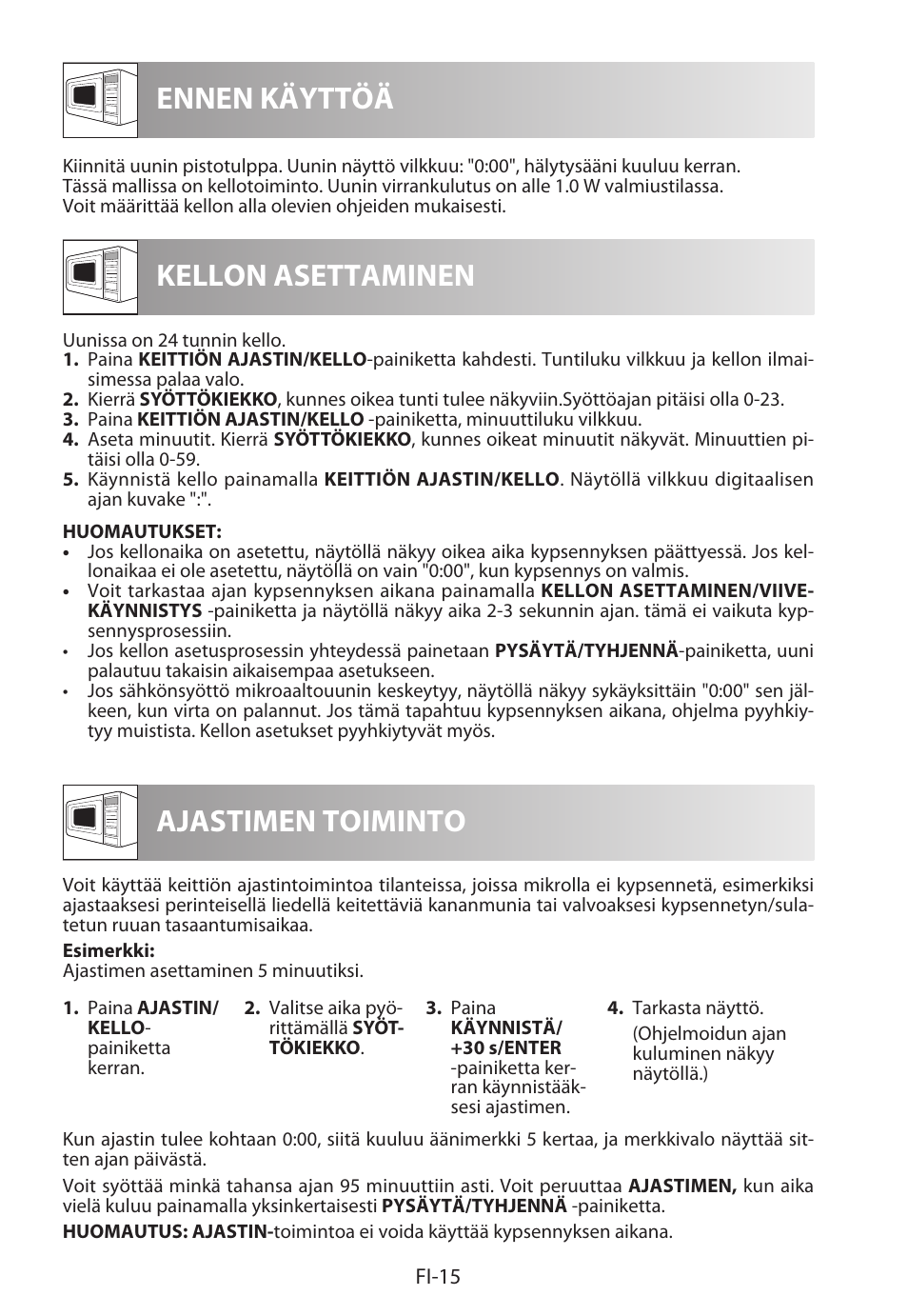 Ennen käyttöä kellon asettaminen, Ajastimen toiminto | Sharp R-722STWE User Manual | Page 210 / 246