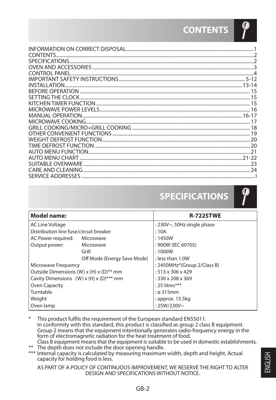 Specifications contents, English, Gb-2 | Sharp R-722STWE User Manual | Page 221 / 246
