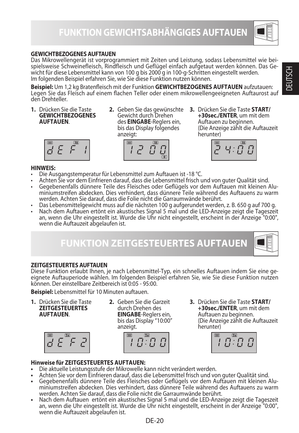 Funktion gewichtsabhängiges auftauen, Funktion zeitgesteuertes auftauen, Deutsch | Sharp R-722STWE User Manual | Page 23 / 246