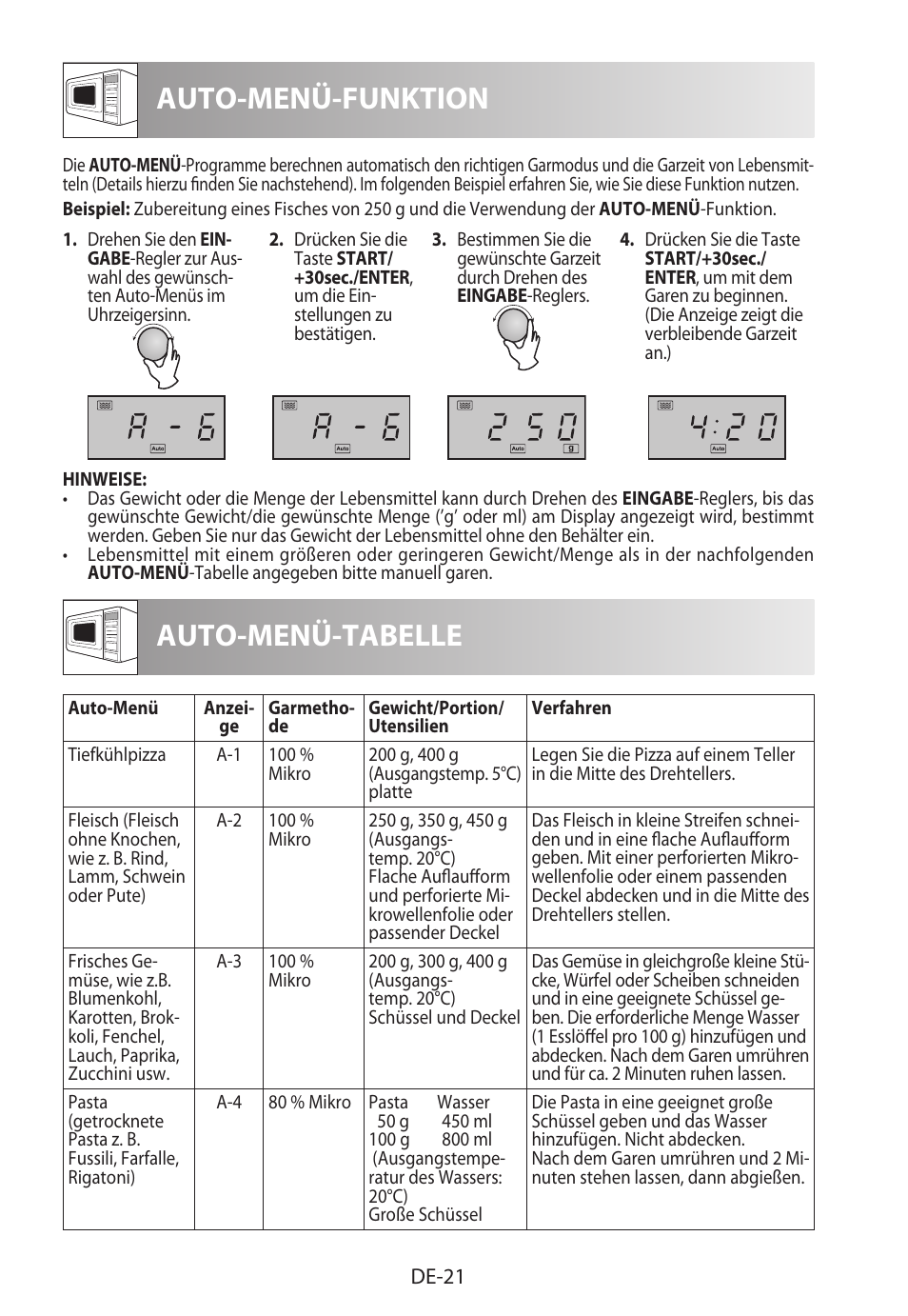 Auto-menü-tabelle, Auto-menü-funktion | Sharp R-722STWE User Manual | Page 24 / 246