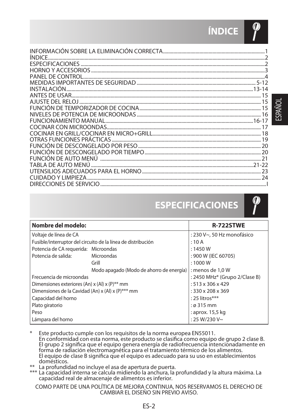 Especificaciones índice, Esp añol, Es-2 | Sharp R-722STWE User Manual | Page 29 / 246