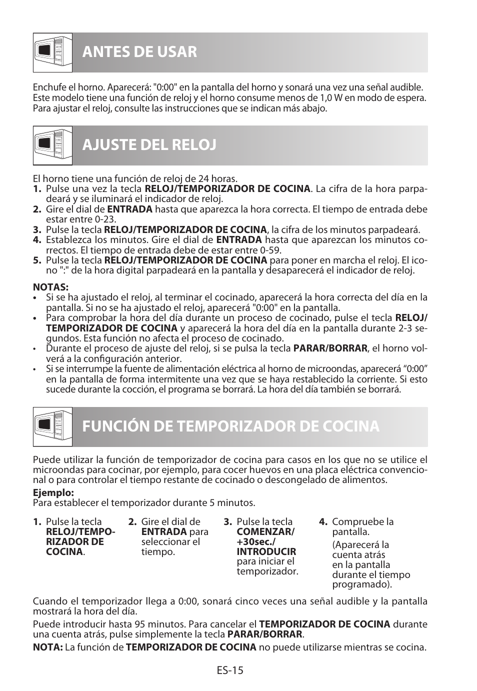 Antes de usar ajuste del reloj, Función de temporizador de cocina | Sharp R-722STWE User Manual | Page 42 / 246