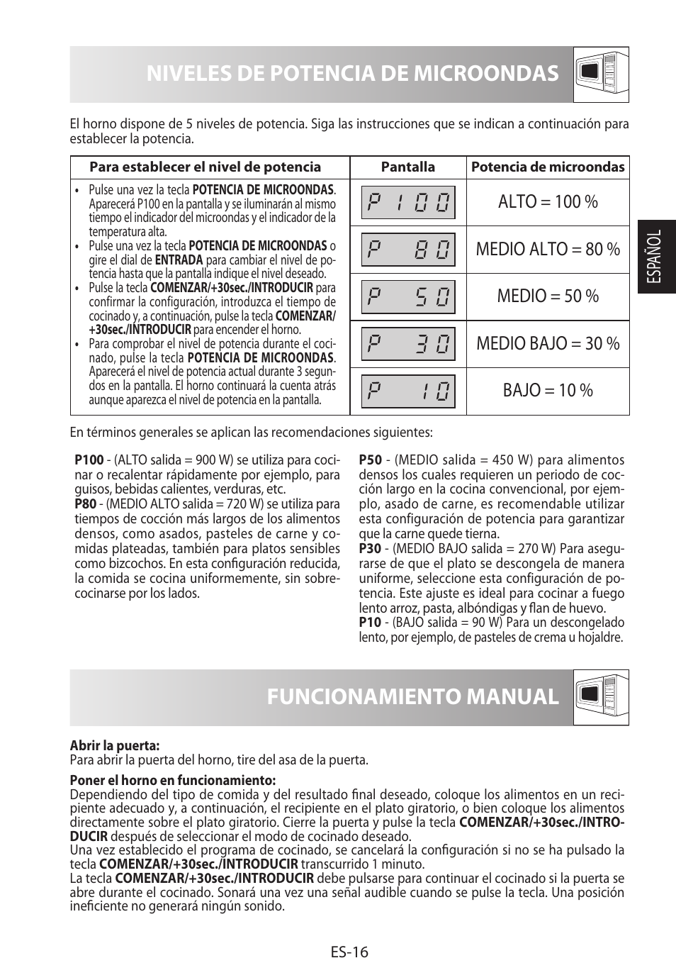 Niveles de potencia de microondas, Funcionamiento manual | Sharp R-722STWE User Manual | Page 43 / 246