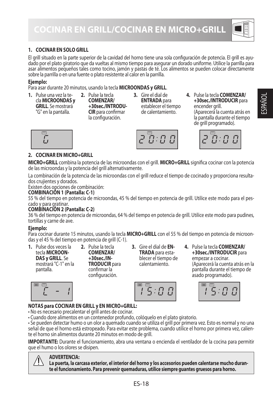 Cocinar en grill/cocinar en micro+grill, Esp añol | Sharp R-722STWE User Manual | Page 45 / 246