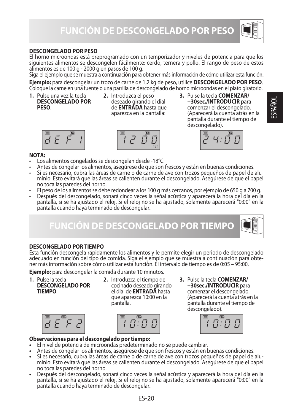 Función de descongelado por peso, Función de descongelado por tiempo, Esp añol | Sharp R-722STWE User Manual | Page 47 / 246