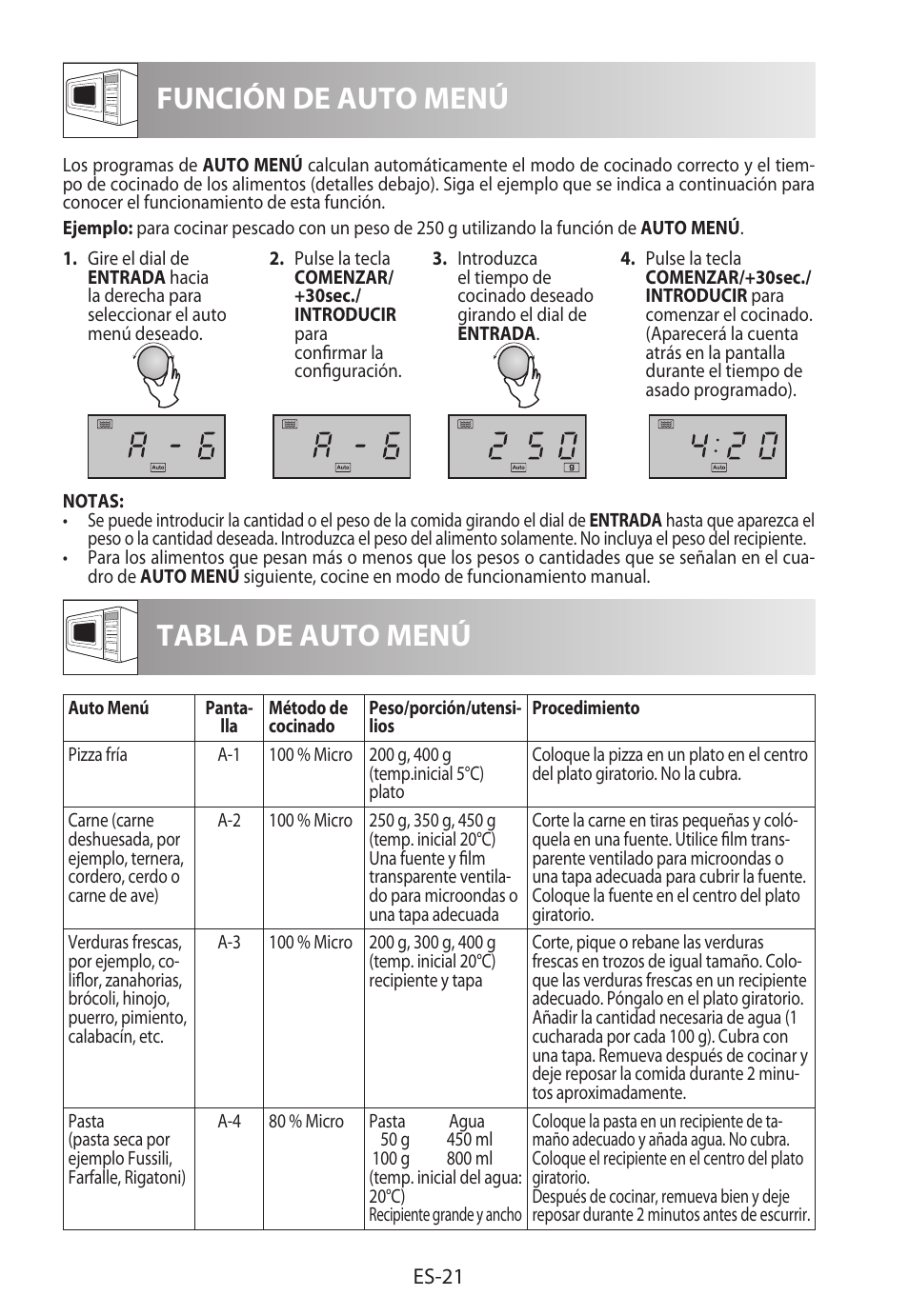 Tabla de auto menú, Función de auto menú | Sharp R-722STWE User Manual | Page 48 / 246