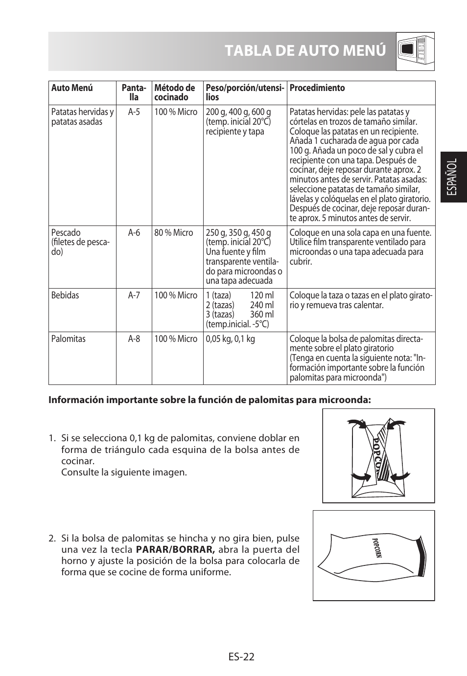Tabla de auto menú, Esp añol | Sharp R-722STWE User Manual | Page 49 / 246