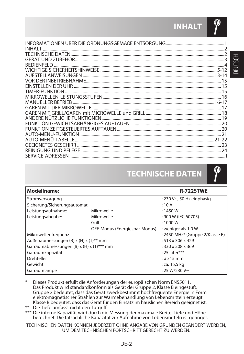 Technische daten inhalt, Deutsch, De-2 | Sharp R-722STWE User Manual | Page 5 / 246