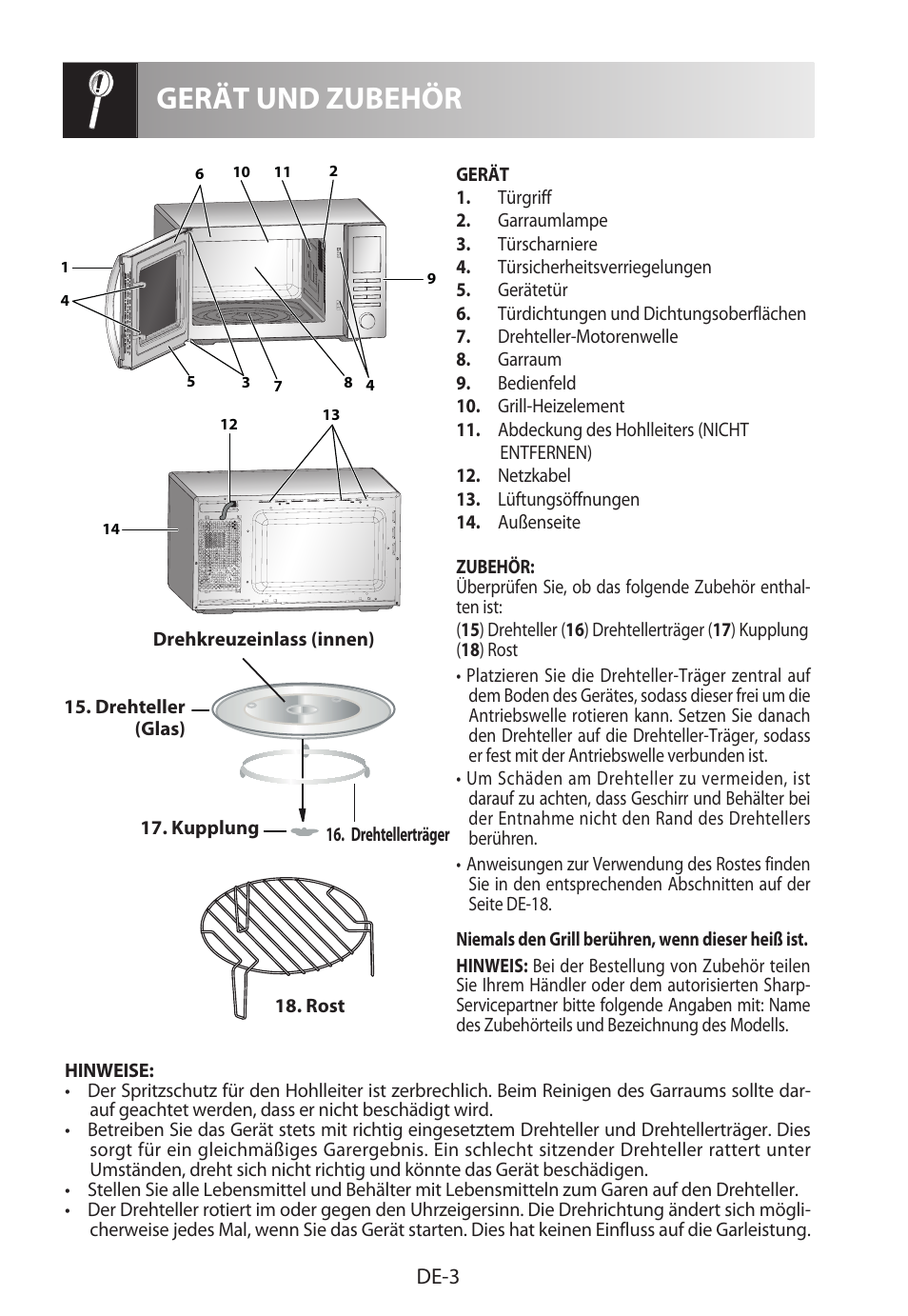 Gerät und zubehör, De-3 | Sharp R-722STWE User Manual | Page 6 / 246