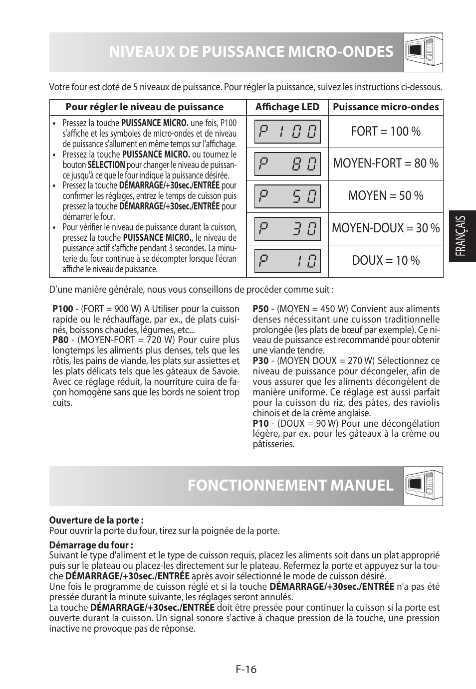 Niveaux de puissance micro-ondes, Fonctionnement manuel, Français | Sharp R-722STWE User Manual | Page 67 / 246