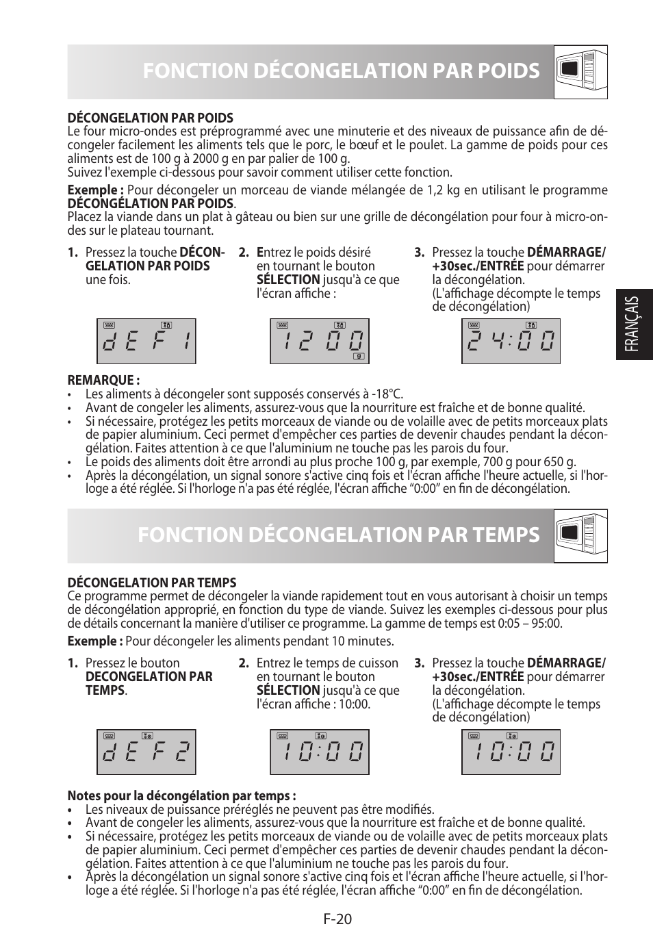 Fonction décongelation par poids, Fonction décongelation par temps, Français | Sharp R-722STWE User Manual | Page 71 / 246