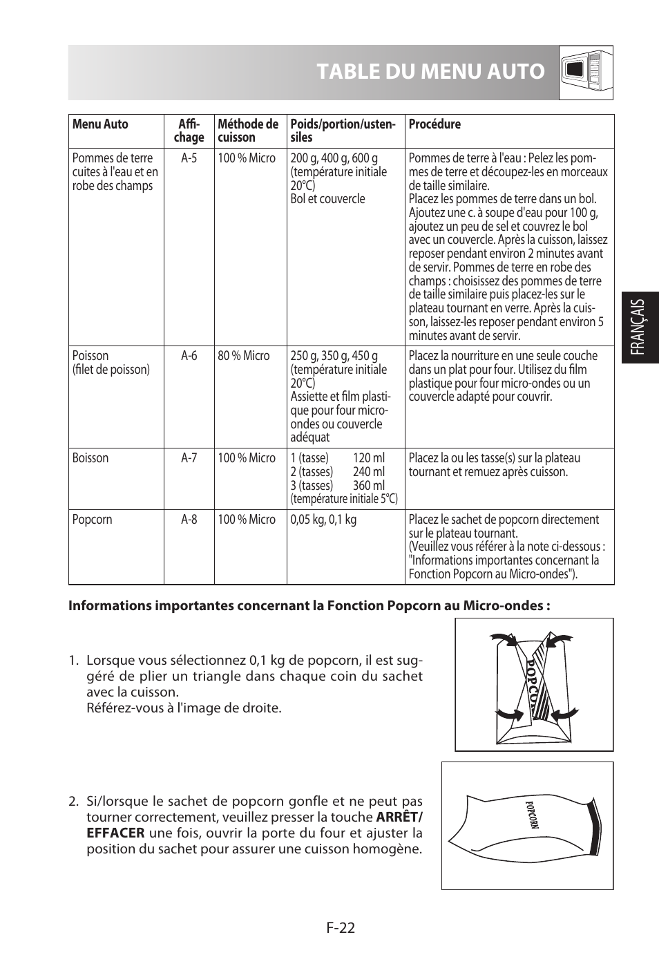 Table du menu auto, Français | Sharp R-722STWE User Manual | Page 73 / 246