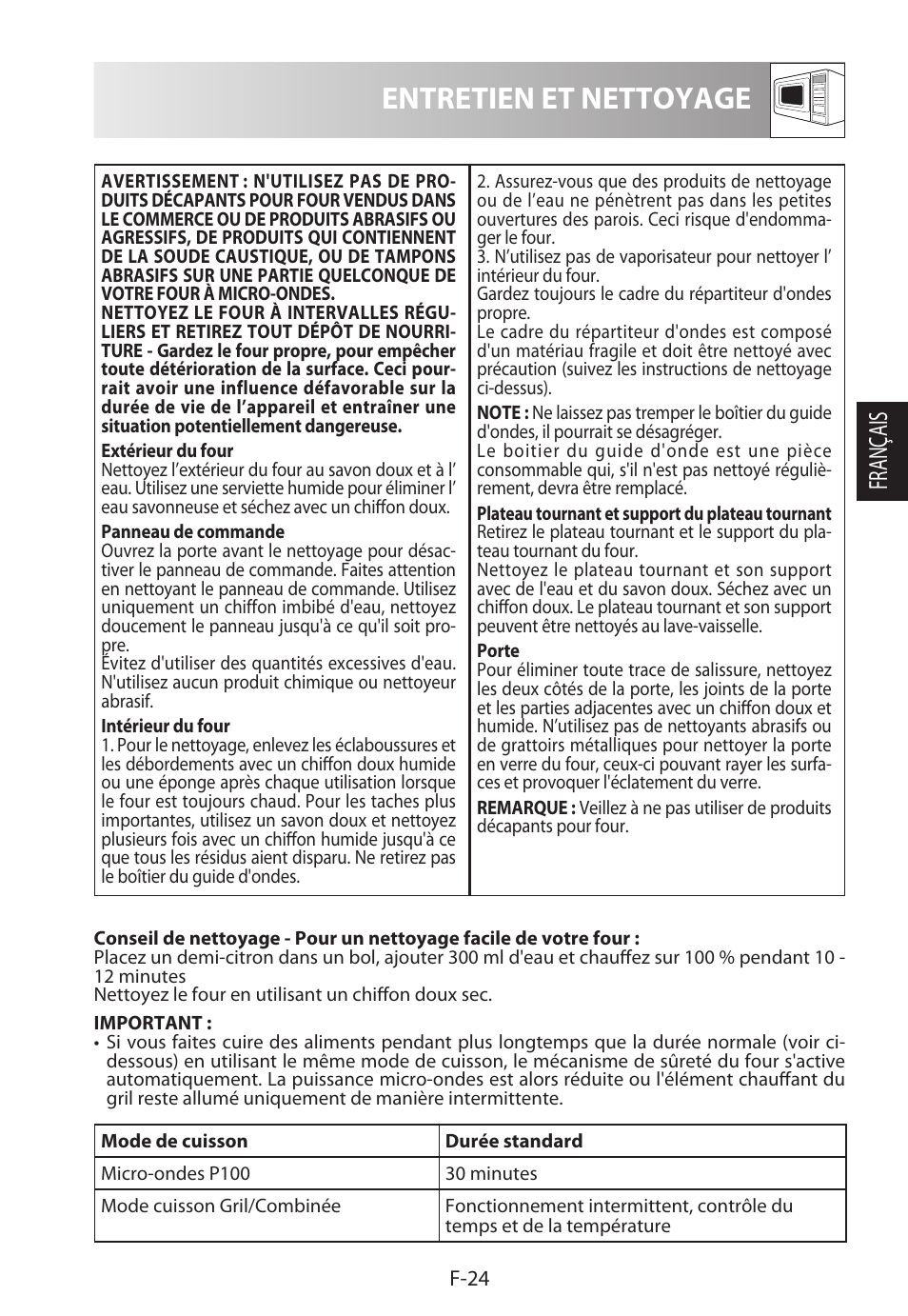 Entretien et nettoyage, Français | Sharp R-722STWE User Manual | Page 75 / 246