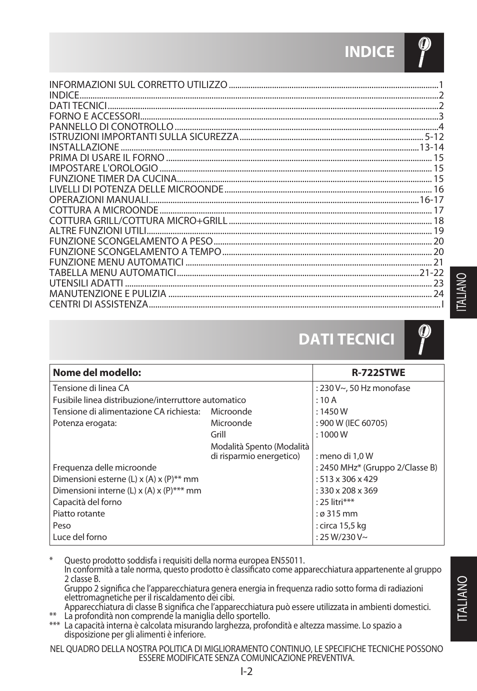 Dati tecnici indice, Italiano it aliano | Sharp R-722STWE User Manual | Page 77 / 246