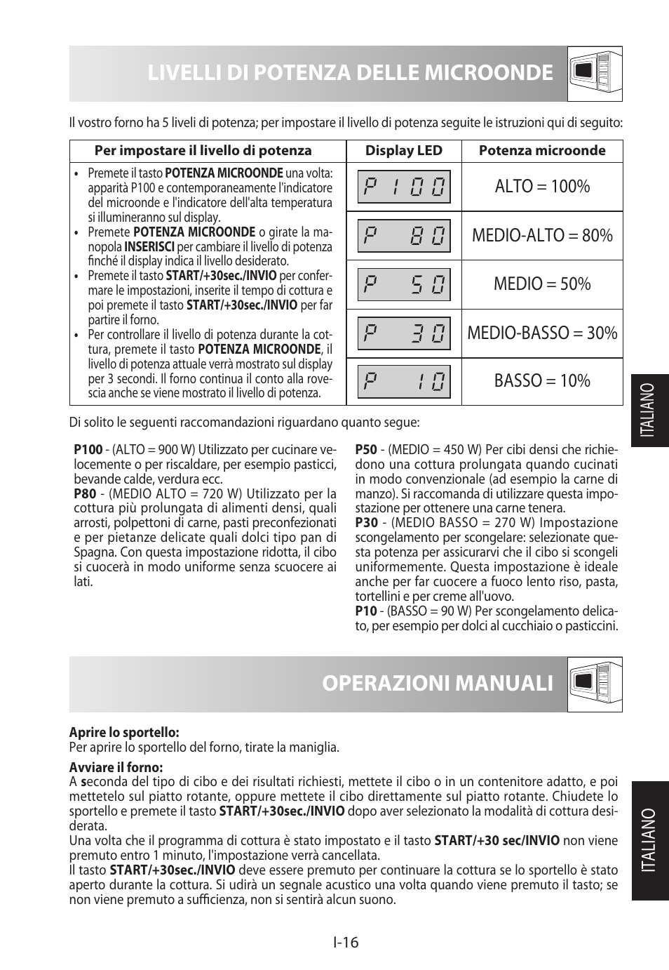 Livelli di potenza delle microonde, Operazioni manuali, Italiano it aliano | Sharp R-722STWE User Manual | Page 91 / 246