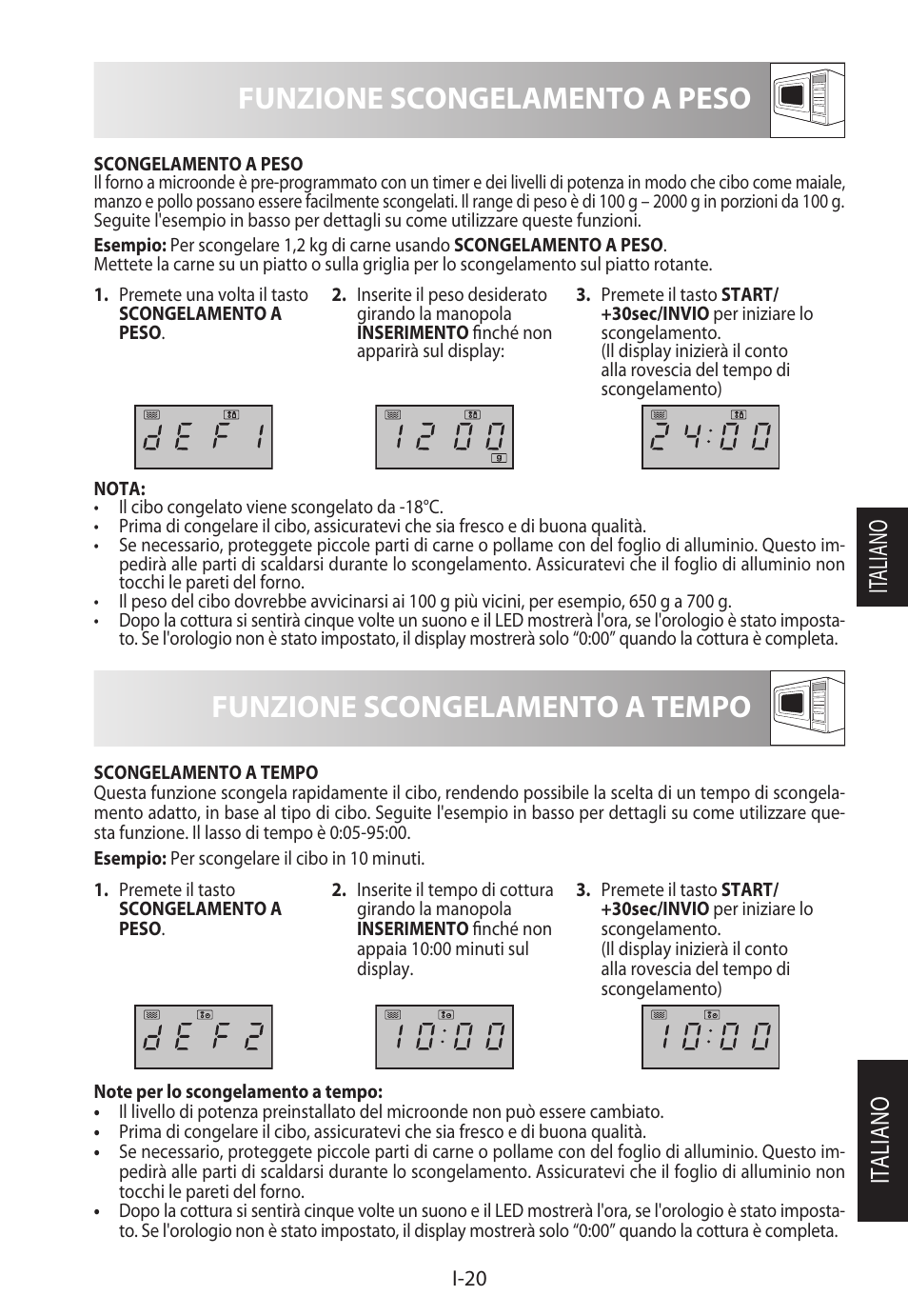 Funzione scongelamento a peso, Funzione scongelamento a tempo, Italiano it aliano | Sharp R-722STWE User Manual | Page 95 / 246